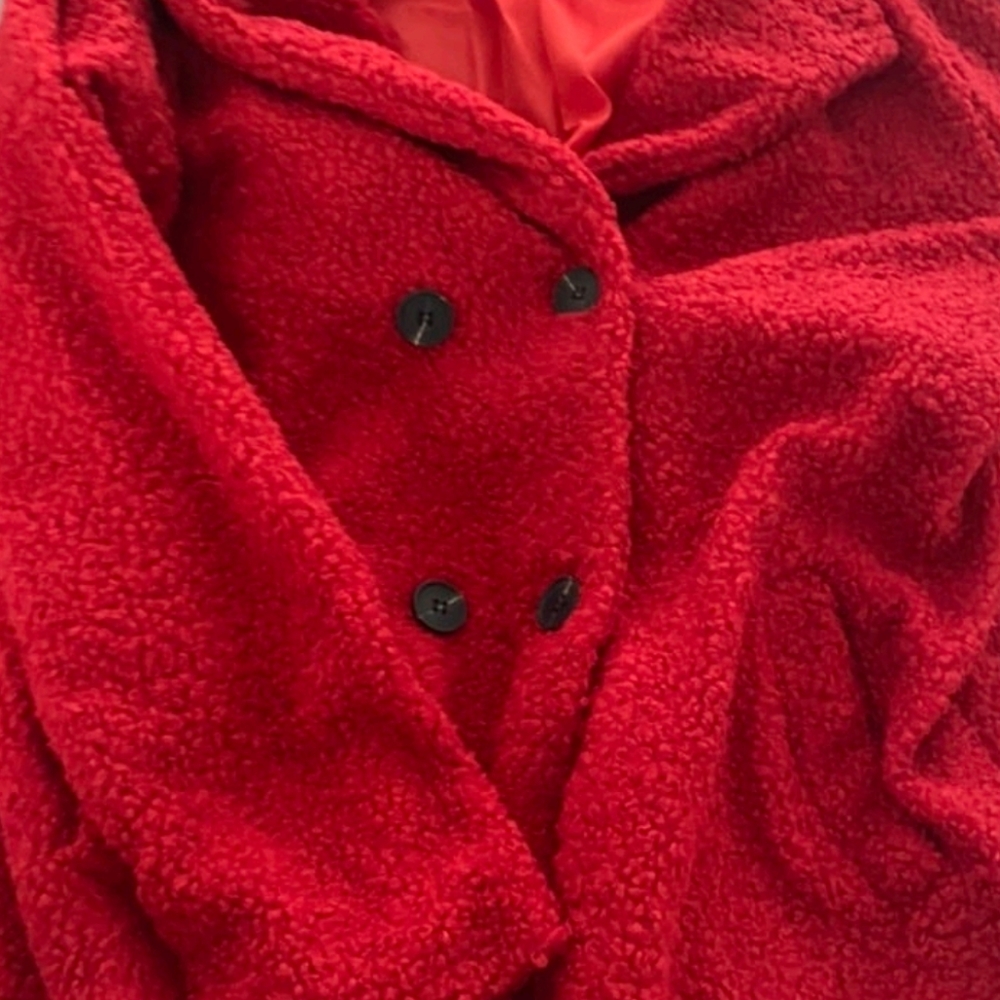 Red Faux fur teddy pea coat contemporary - Picture 8 of 10